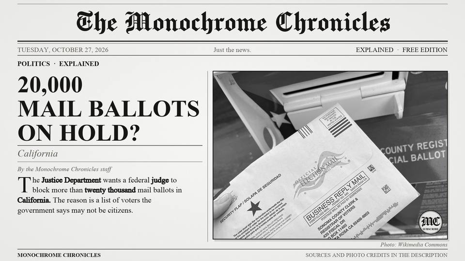Title card of the video edition: The Justice Department Wants 20,000 California Ballots on Hold. Why?