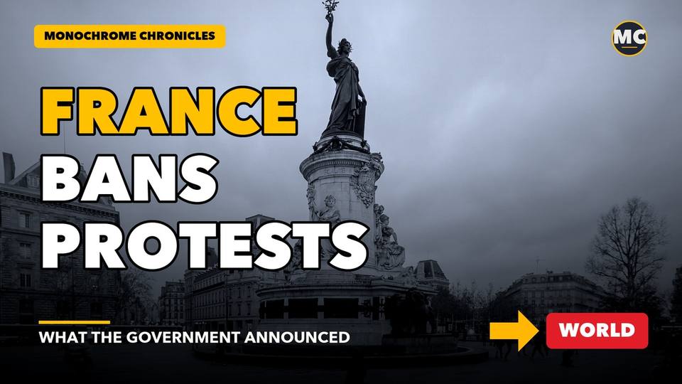 Title card of the video edition: France Bans Protests in Its Biggest Cities