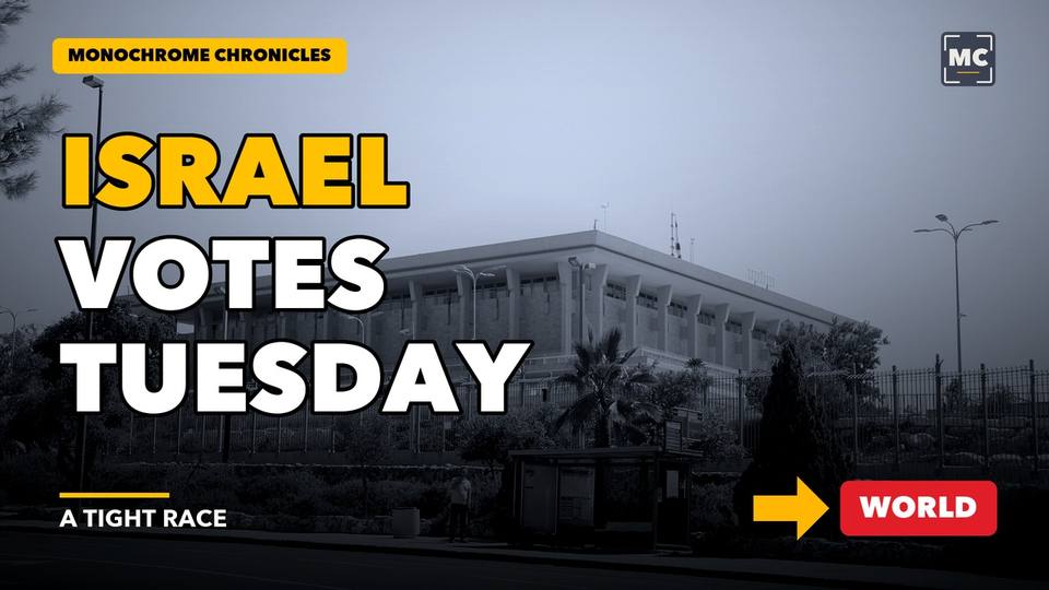 Title card of the video edition: Israel Votes Tuesday. Here’s Where the Race Stands.